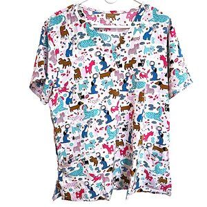 Samantha Mara Scrub Top Whimsical Dogs Puppies Aqua Pink White Size 2X